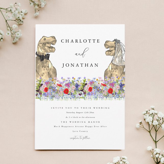 Dinosaur tema vildblomma inbjudningar (Wildflower dinosaur theme wedding invitation )