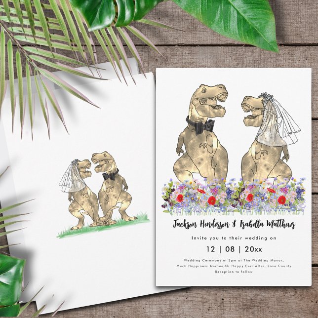 Dinosaur-tema Wildblomma Bröllop Inbjudningar (Dinosaur themed wedding invitation with T-Rex bride and groom with colorful prehistoric wildflowers)