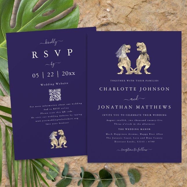 Dinosaur Tematisk Bröllop Marinblå QR-kod Inbjudningar (Dinosaur theme wedding qr code navy blue white invitation  T-Rex dino bride & groom modern elegant )
