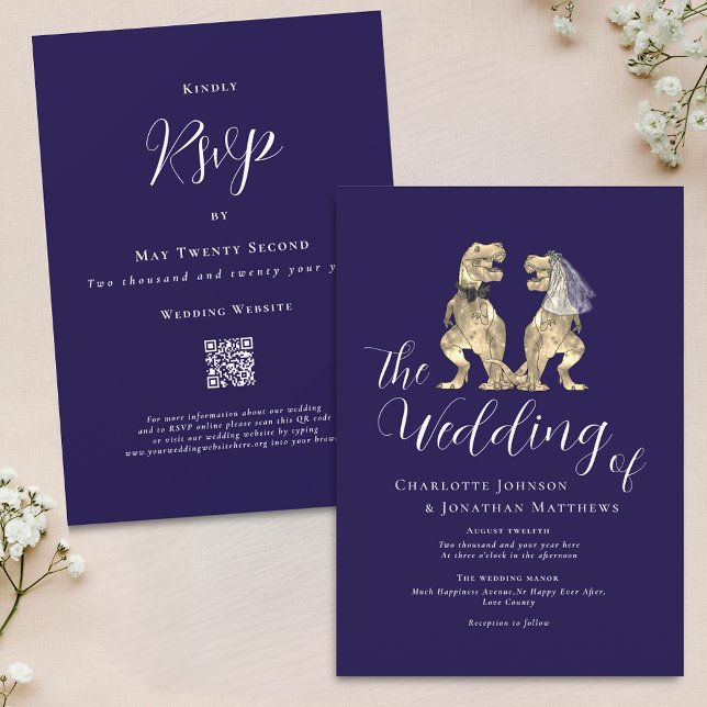 Dinosaur Tematisk Bröllop Marinblå Vit QR-kod Inbjudningar (Dinosaur theme wedding navy blue and white QR code invitation Elegant modern script )
