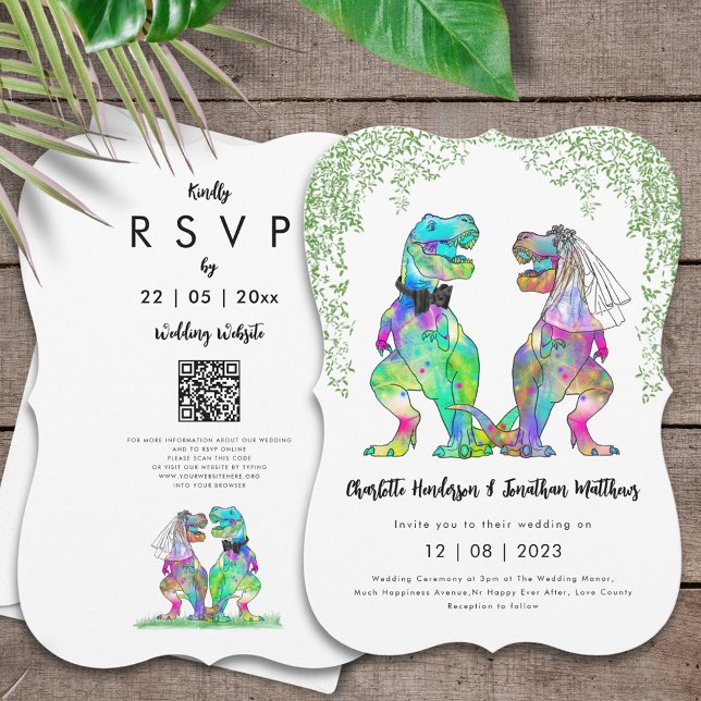 Dinosaur Tematisk Bröllop QR-kod Inbjudningar (Colorful dinosaur wedding invitation with T-Rex bride and groom and online RSVP website QR code)