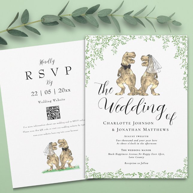 Dinosaur Tematisk Bröllop QR-kod Inbjudningar (Botanical dinosaur wedding invitation with elegant script  watercolor eucalyptus foliage and qr code)