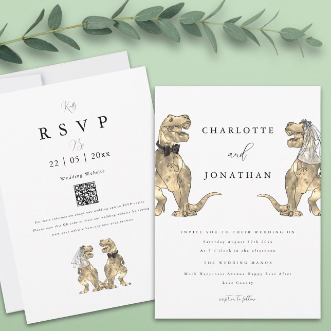 Dinosaur Tematisk Bröllop QR-kod Inbjudningar (T-Rex bride and groom funny dinosaur wedding qr code invitation )
