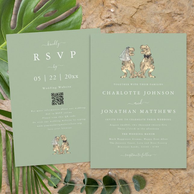 Dinosaur Tematisk Bröllop Sage Grön QR-kod Inbjudningar (Dinosaur theme wedding qr code sage green invitation fun T-Rex dino bride and groom modern elegant )