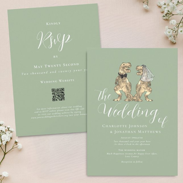 Dinosaur Tematisk Bröllop Sage Grön QR-kod Inbjudningar (Dinosaur theme wedding sage green and white QR Code invitation Fun T-Rex dino bride and groom modern)