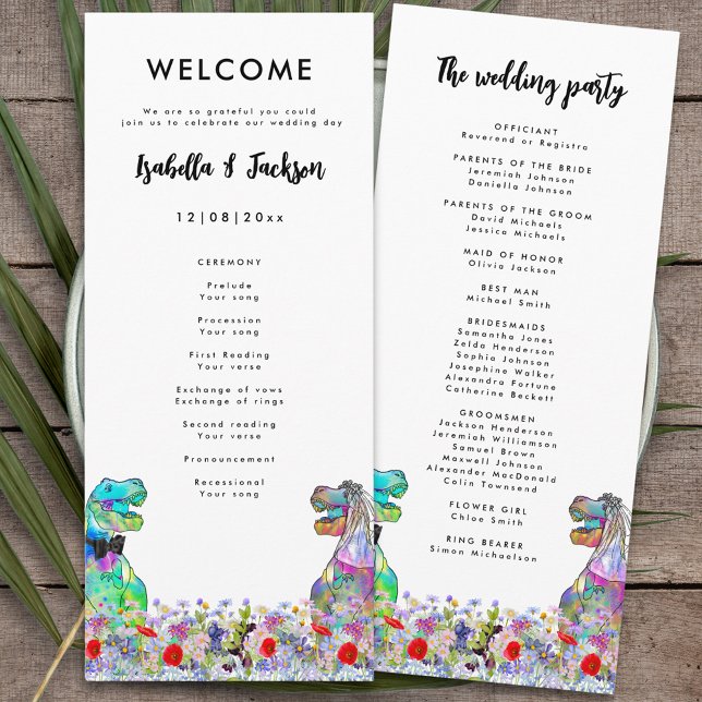 Dinosaur Tematisk Bröllopsdagsprogram Program (Dinosaur wedding colorful T-Rex bride and groom and wildflowers day of the wedding program )