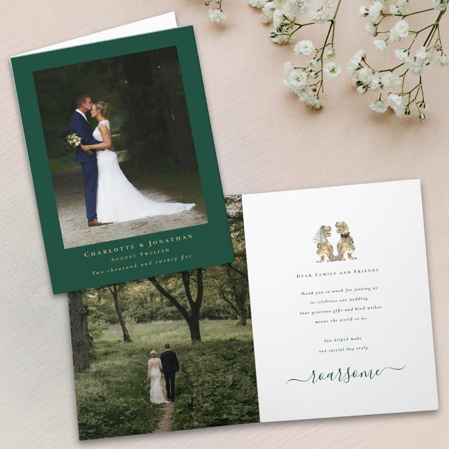 Dinosaur Tematisk Bröllopsfoto Tack Kort (Dinosaur theme wedding 2 photo personalized thank you card dark green Modern elegant script message)