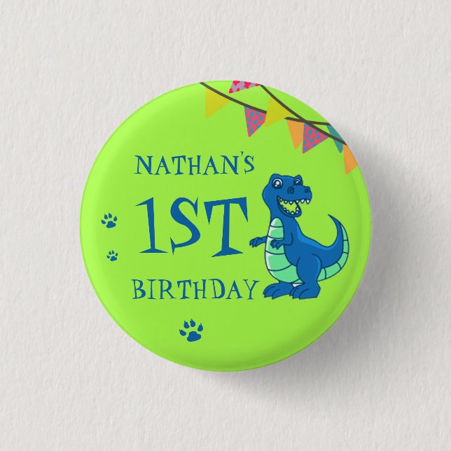 Dinosaur Thated Cute Blue Grönt Tass Birthday Knapp (Framsida)