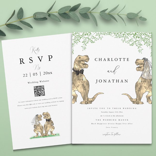 Dinosaur ThBäste Greenery Bröllop Inbjudningar (Boho botanical dinosaur wedding invitation with qr code)