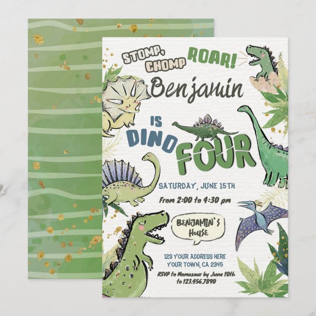 Dinosaur ThBäste Party 4e födelsedagen, Dino Four Inbjudningar (Fram/baksida)