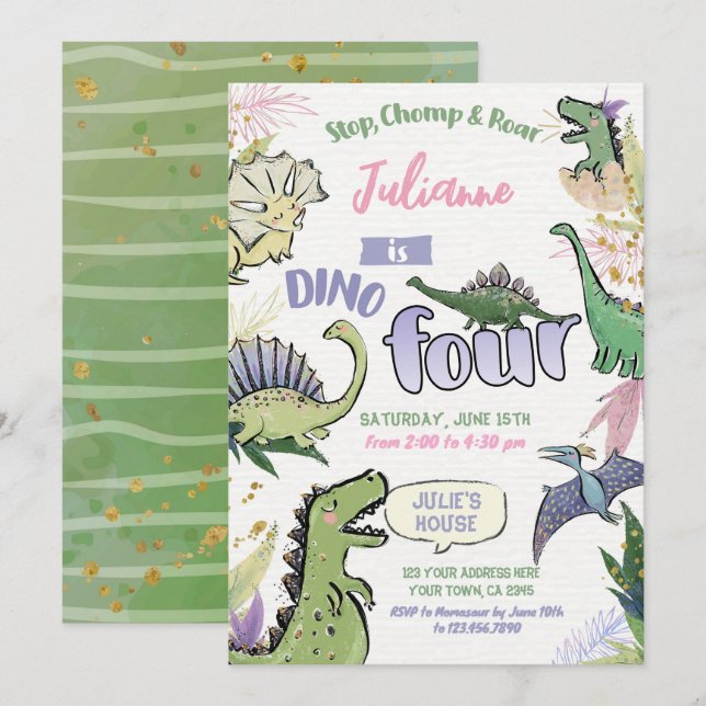Dinosaur ThBäste Party Dino Fyra 4e födelsedagen Inbjudningar (Fram/baksida)