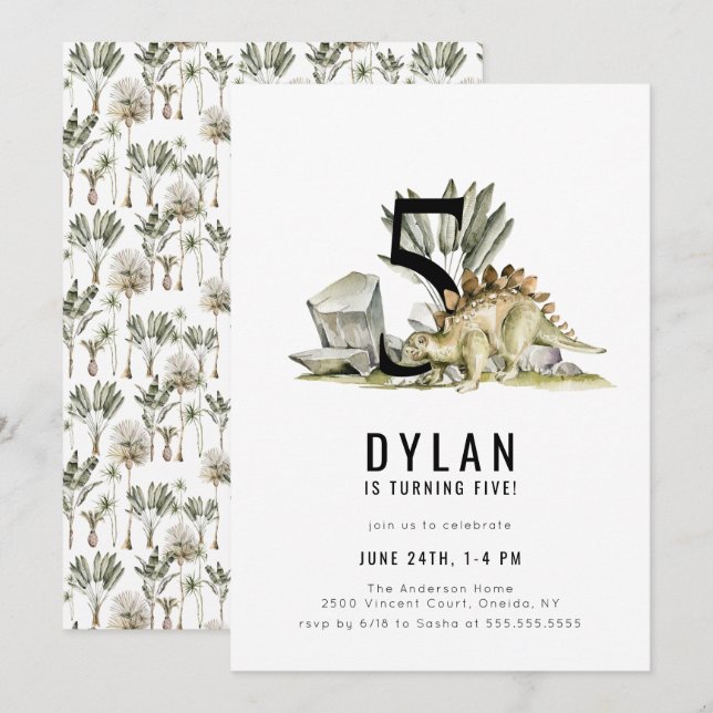 Dinosaur Theme 5:e Födelsedagsfesten Inbjudningar (Fram/baksida)