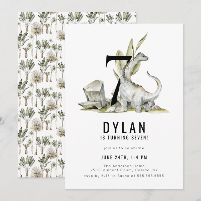 Dinosaur Theme 7:e Födelsedagsfest Inbjudningar (Fram/baksida)