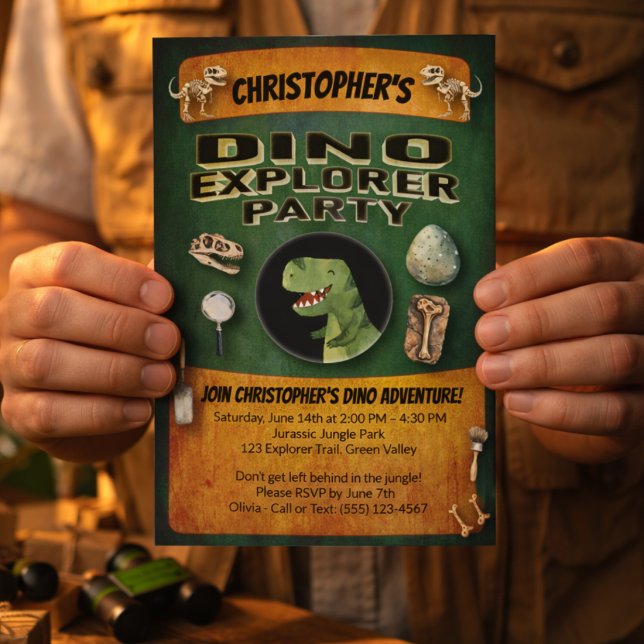 Dinosaur Theme Birthday Party Inbjudningar (Dino Explorer Dinosaur Themed Part Invitation. Invite guests to discovery, stomp and roar. )
