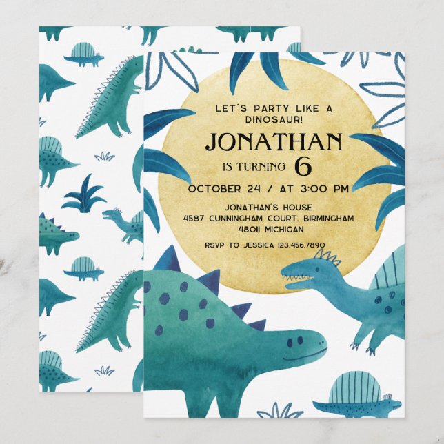 Dinosaur Theme Birthday Party Inbjudningar (Fram/baksida)