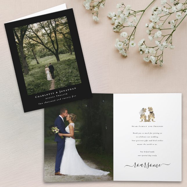 Dinosaur Theme Bröllop 2 Photo Tack Kort (Dinosaur theme elegant black and white wedding 2 photo thank you card fun T-Rex dino bride and groom)