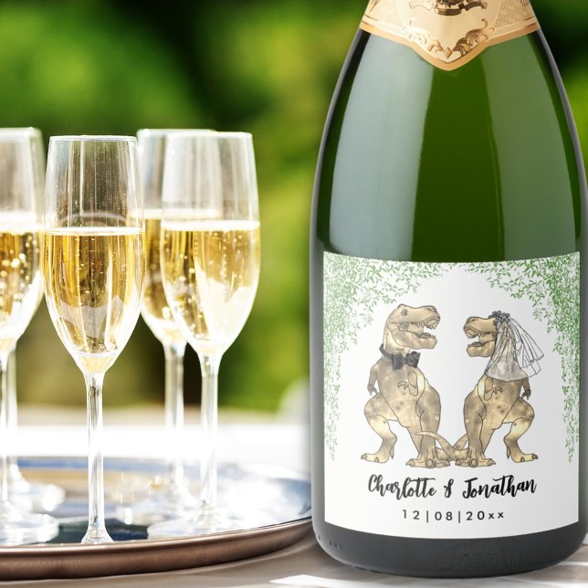 Dinosaur Theme Bröllop Anpassningsbar (T-Rex Bride and Groom Dinosaur Wedding Custom sparkling wine labels)