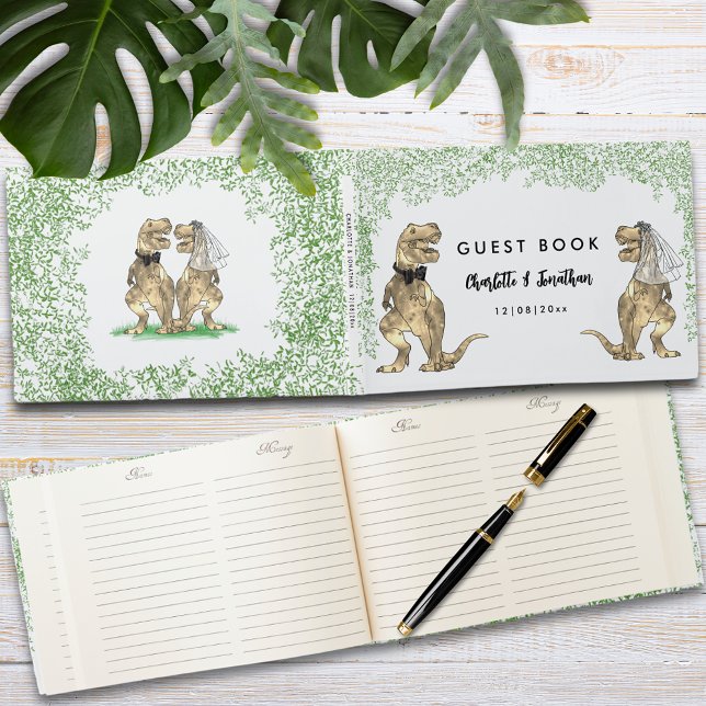 Dinosaur Theme Bröllop anpassningsbar Gästböcker (Dinosaur themed wedding guest book with funny T-Rex bride and groom and Jurassic jungle foliage )