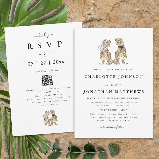Dinosaur Theme Bröllop Black and White QR Code Inbjudningar (Dinosaur theme wedding qr code invitation fun T-Rex dino bride and groom modern elegant script)