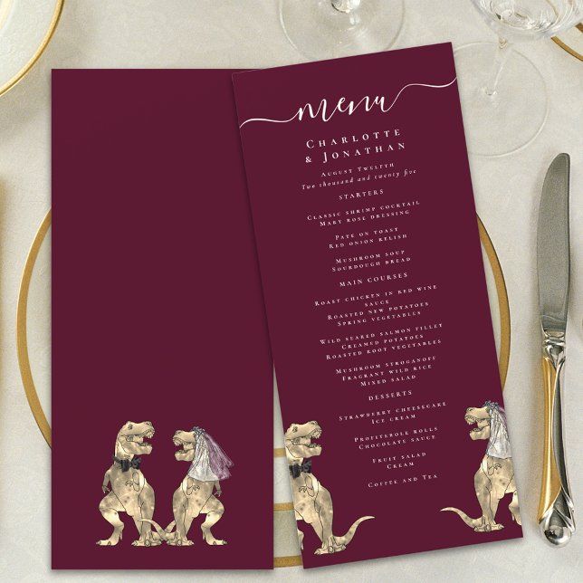 Dinosaur Theme Bröllop Burgundy & Cream Meny (Dinosaur destination wedding menu burgundy & cream modern elegant script T-Rex din bride & groom)