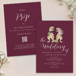 Dinosaur Theme Bröllop Burgundy Cream QR-kod Inbjudningar
