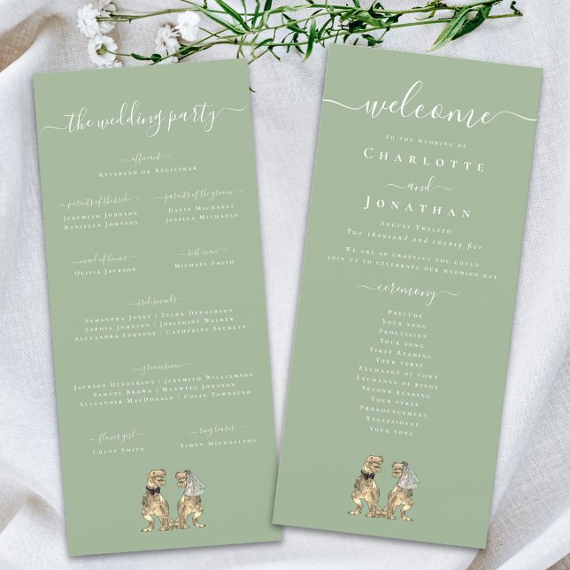 Dinosaur Theme Bröllop Ceremony Programme Sage Grö Meny (Dinosaur wedding ceremony program sage green card elegant modern script T-Rex dino bride & groom)