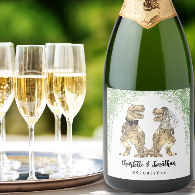 Dinosaur Theme Bröllop Foliage anpassningsbar (T-Rex Bride and Groom Dinosaur Wedding Custom sparkling wine labels)