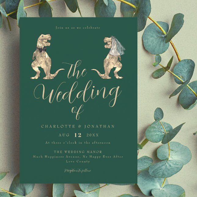 Dinosaur Theme Bröllop Grönt Inbjudningar (Dinosaur theme wedding dark green invitation Funny T-Rex bride & groom modern elegant script )