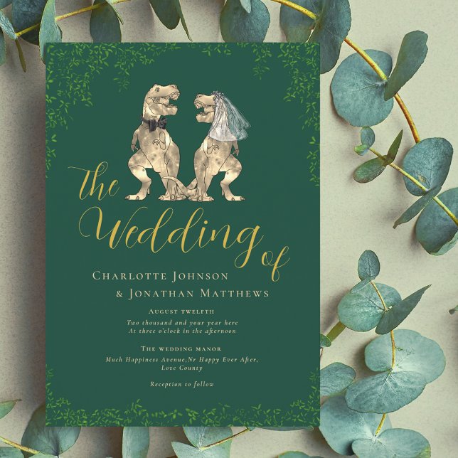 Dinosaur Theme Bröllop Grönt och Guld Inbjudningar (Dinosaur wedding green and gold invitation Modern elegant script T-Rex dino bride & groom eucalyptus)