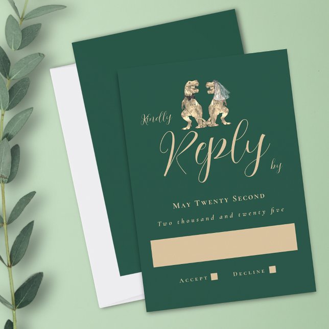 Dinosaur Theme Bröllop Grönt OSA Kort (Dinosaur wedding dark green invitation RSVP T-Rex dino bride and groom elegant modern script )