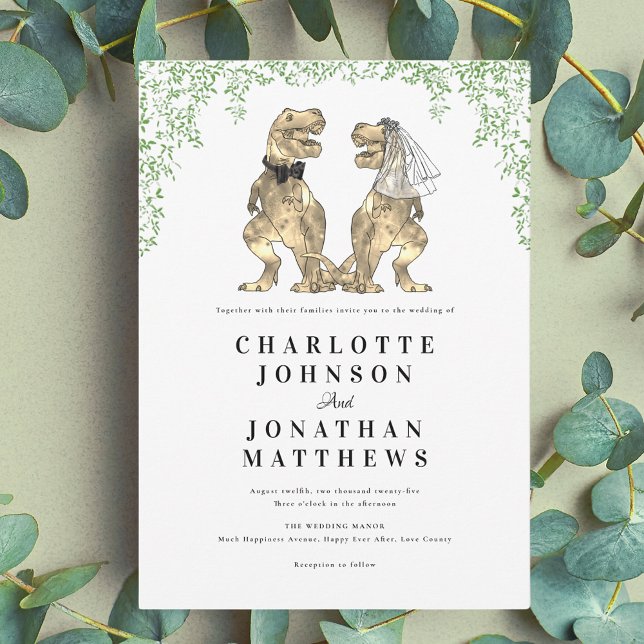 Dinosaur Theme Bröllop Inbjudningar (Dinosaur theme wedding with greenery invitation)
