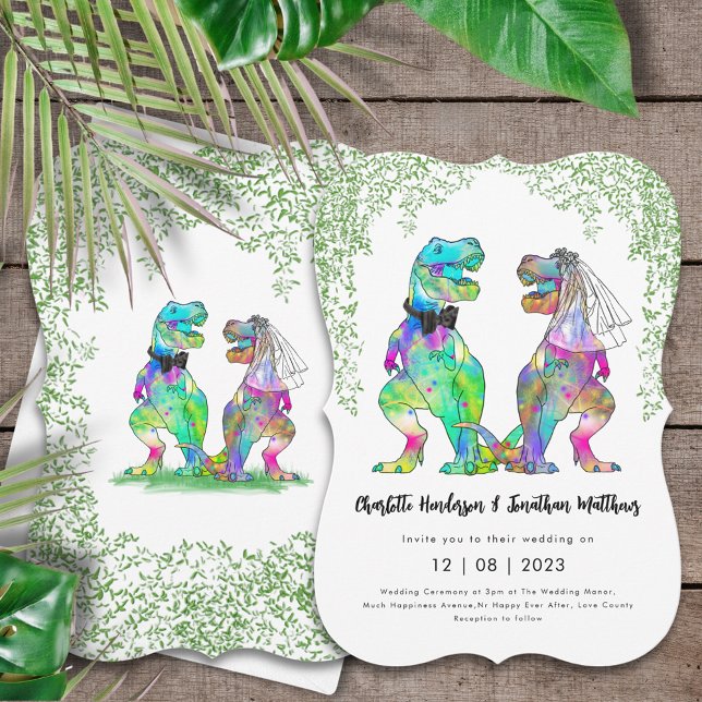 Dinosaur Theme Bröllop Inbjudningar (Colorful dinosaur wedding invitation with-Rex bride and groom Jurassic jungle prehistoric foliage )