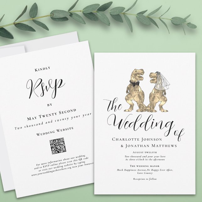 Dinosaur Theme Bröllop Inbjudningar (T-Rex bride and groom funny dinosaur wedding website qr code invitation Modern elegant script)