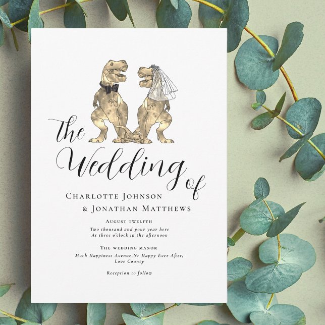 Dinosaur Theme Bröllop Inbjudningar (Dinosaur wedding elegant modern script invitation funny T-Rex dino bride and groom)
