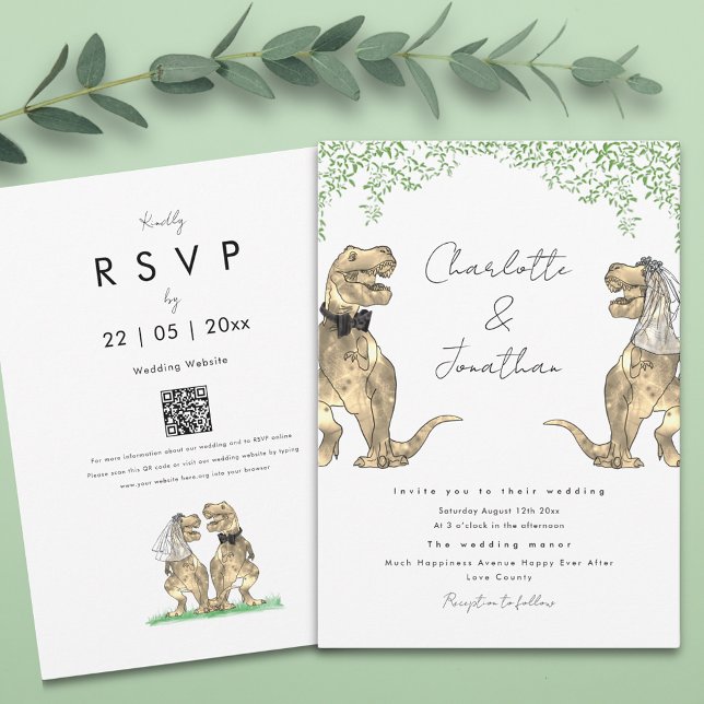 Dinosaur Theme Bröllop Inbjudningar (Boho botanical dinosaur wedding invitation with qr code)