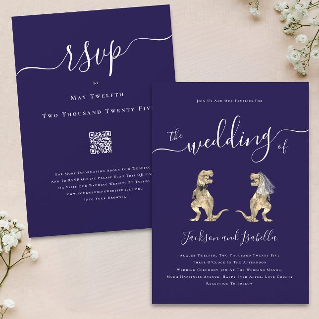 Dinosaur Theme Bröllop marinblå QR-kod Inbjudningar (Dinosaur theme wedding qr code navy blue and white invitation Elegant script T-Rex bride and groom)