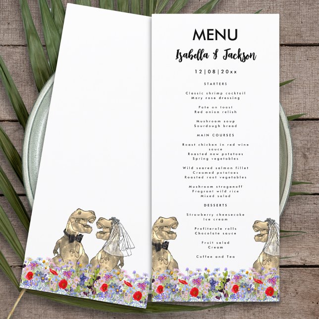 Dinosaur Theme Bröllop Menu Meny (Fun dinosaur themed wedding menu with T-Rex bride and groom in a colorful wildflower meadow )