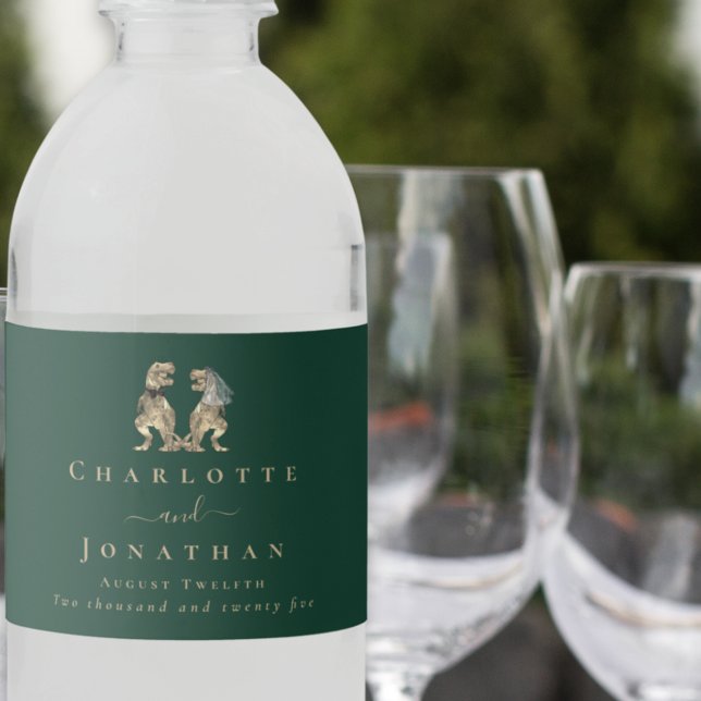 Dinosaur Theme Bröllop Mörk grönt Vattenflaska Etikett (dark green Dinosaur wedding personalized water bottle labels Modern elegant script)