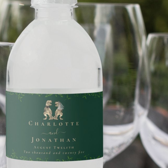 Dinosaur Theme Bröllop Mörk grönt Vattenflaskor Etikett (dark green Dinosaur wedding personalized water bottle labels Eucalyptus foliage T-Rex bride & groom )