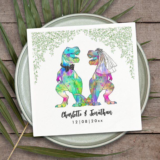 Dinosaur Theme Bröllop Pappersservett (Colorful dinosaur themed wedding funny T-Rex bride and groom Jurassic jungle foliage custom napkin)