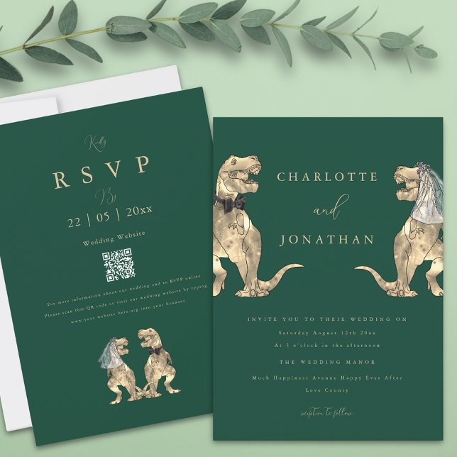 Dinosaur Theme Bröllop QR-Grönt Inbjudningar (Dinosaur theme wedding dark green invitation Funny T-Rex bride and groom modern Jurassic wedding )