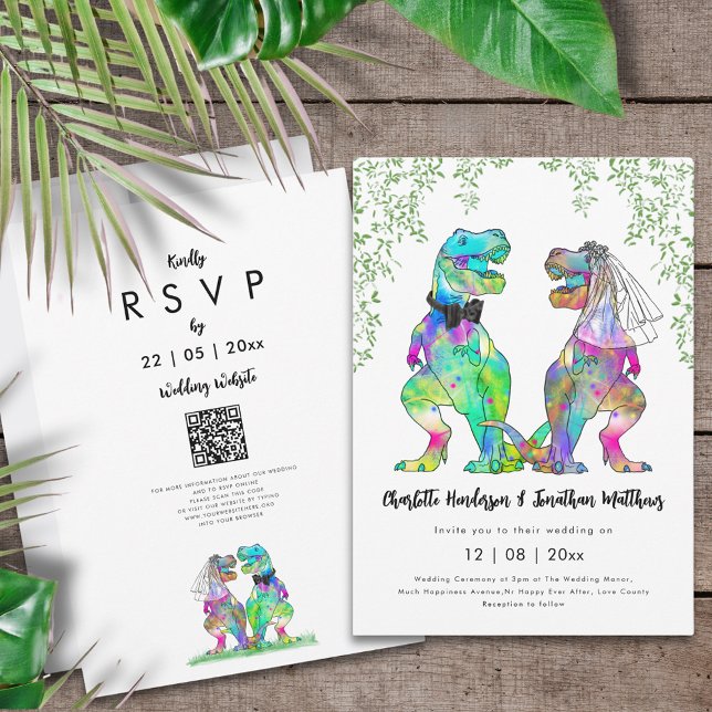 Dinosaur Theme Bröllop QR-kod Inbjudningar (Colorful dinosaur themed wedding invitation with website QR code funny T-Rex bride and groom )