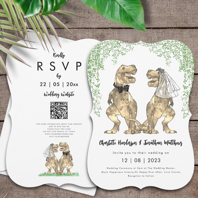 Dinosaur Theme Bröllop QR-kod Inbjudningar (T-Rex bride and groom dinosaur  wedding invitation with website online rsvp qr code)