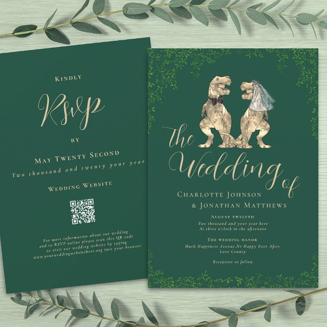 Dinosaur Theme Bröllop QR-kodinbjudan Inbjudningar (T-Rex dino bride and groom funny dinosaur wedding dark green invitation Eucalyptus foliage )