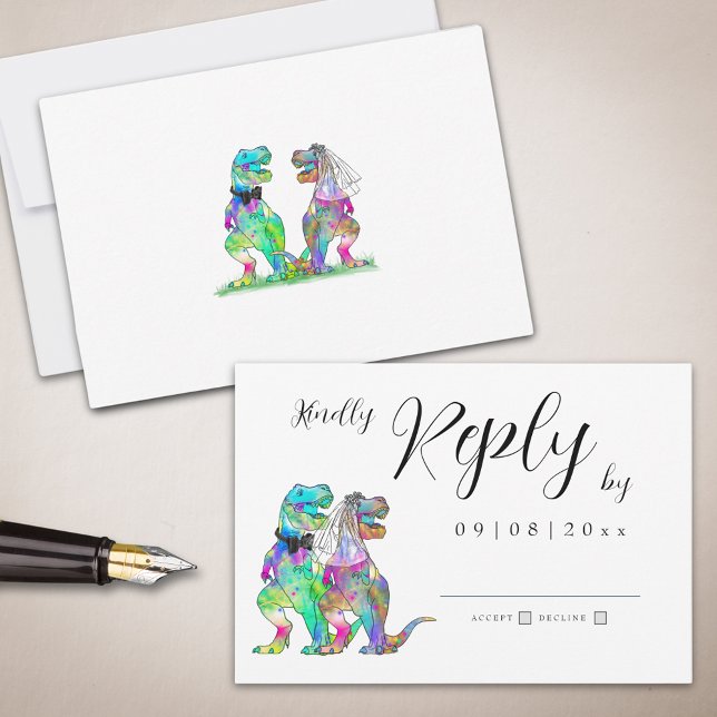 Dinosaur Theme Bröllop Reply OSA kort (Dinosaur theme wedding invitation rsvp enclosure card with elegant script )