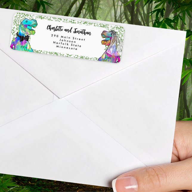 Dinosaur Theme Bröllop Returadress Returadress Etikett (T-Rex bride and groom dinosaur wedding invitation envelope return address label)