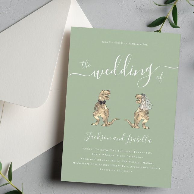Dinosaur Theme Bröllop Sage Grönt Inbjudningar (Sage green Dinosaur theme wedding invitation Elegant modern script calligraphy T-Rex bride and groom)