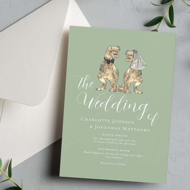 Dinosaur Theme Bröllop Sage Grönt Inbjudningar (Dinosaur theme wedding sage green elegant script T-Rex dino bride and groom fun destination wedding)
