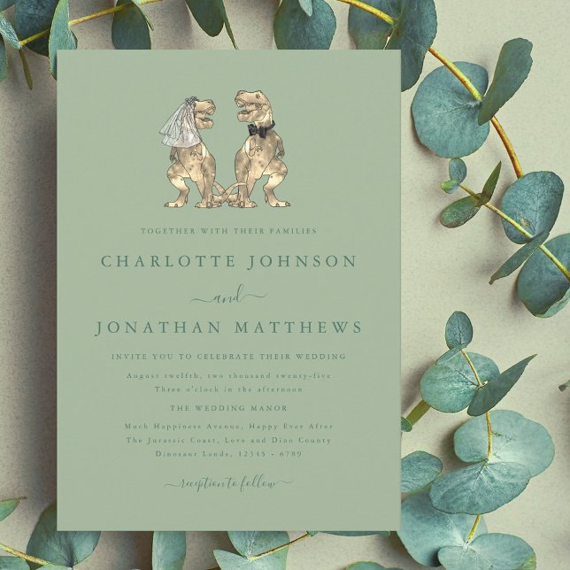 Dinosaur Theme Bröllop Sage Grönt Inbjudningar (Dinosaur theme wedding sage green invitation elegant modern fun T-Rex dino Bride and groom)
