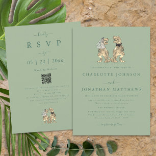 Dinosaur Theme Bröllop Sage Grönt Qr kod Inbjudningar